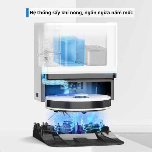 Robot hút bụi lau nhà Shimono LS68W MAX giặt giẻ với nước nóng 55 độ C và sấy giẻ ở khí nóng 45 độ C giúp ngăn ngừa vi khuẩn