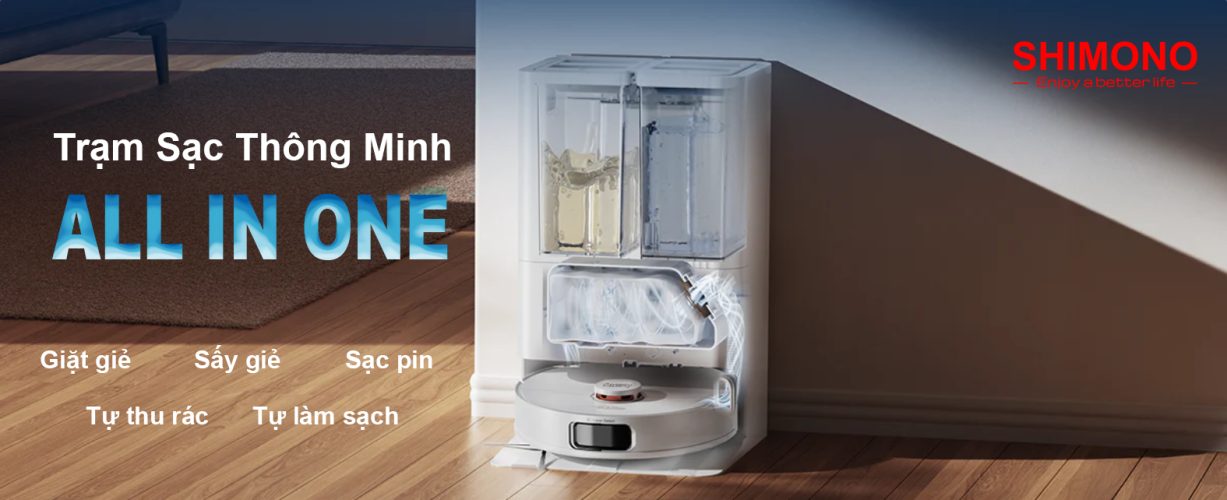 Robot Hút Bụi Lau Nhà Thông Minh SHIMONO LX586 – Giẻ Lau Mở Rộng Linh Hoạt trạm sạc thông minh