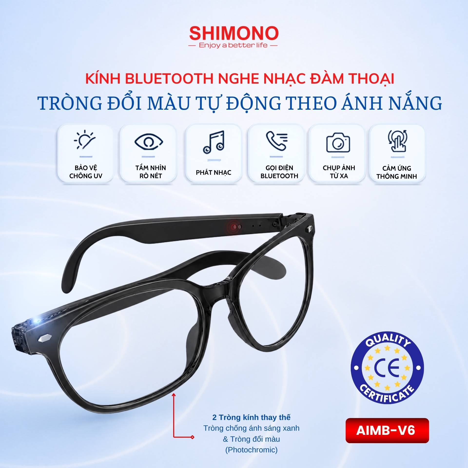 Kính Thông Minh Bluetooth SHIMONO AIMB-V6 Max Nghe Nhạc, Đàm Thoại Rảnh Tay 2 Kính Thông Minh Bluetooth SHIMONO AIMB-V6 Max Nghe Nhạc, Đàm Thoại Rảnh Tay - Ảnh 2