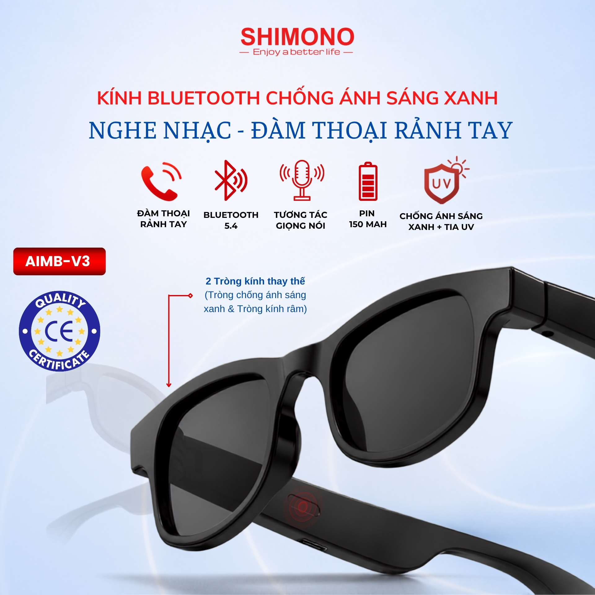 Kính Thông Minh Bluetooth SHIMONO AIMB-V3 Nghe Nhạc, Đàm Thoại Rảnh Tay 1 Kính Thông Minh Bluetooth SHIMONO AIMB-V3 Nghe Nhạc, Đàm Thoại Rảnh Tay