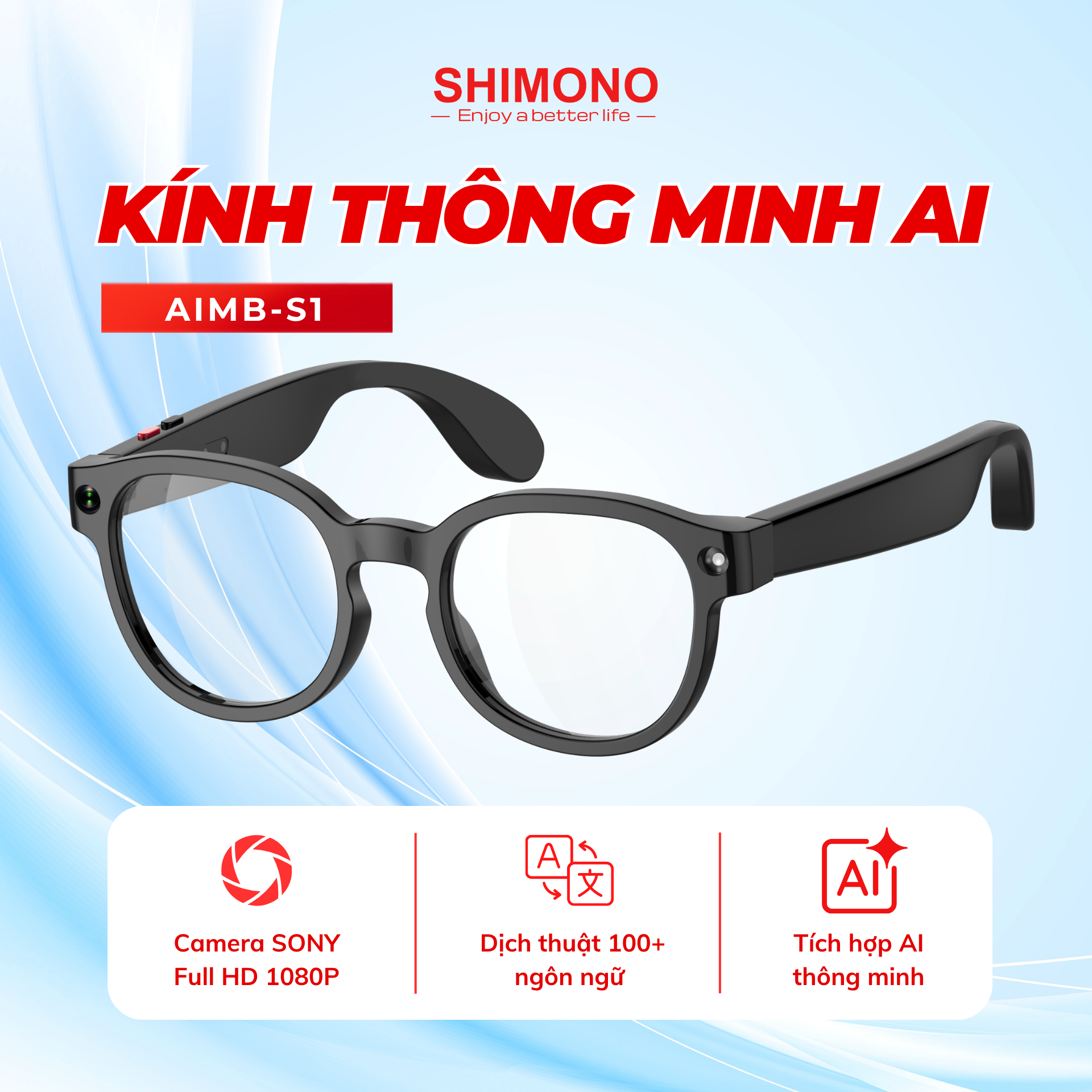 Kính Thông Minh Bluetooth SHIMONO AIMB-S1 Quay Phim, Dịch Thuật Thông Minh 1 Kính Thông Minh Bluetooth SHIMONO AIMB-S1 Quay Phim, Dịch Thuật Thông Minh